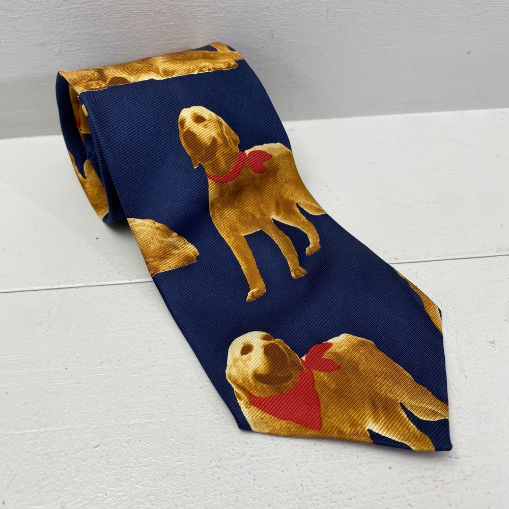 Vintage Huntington Golden Retriever Silk Tie Mens Navy Blue Dog Print USA Made